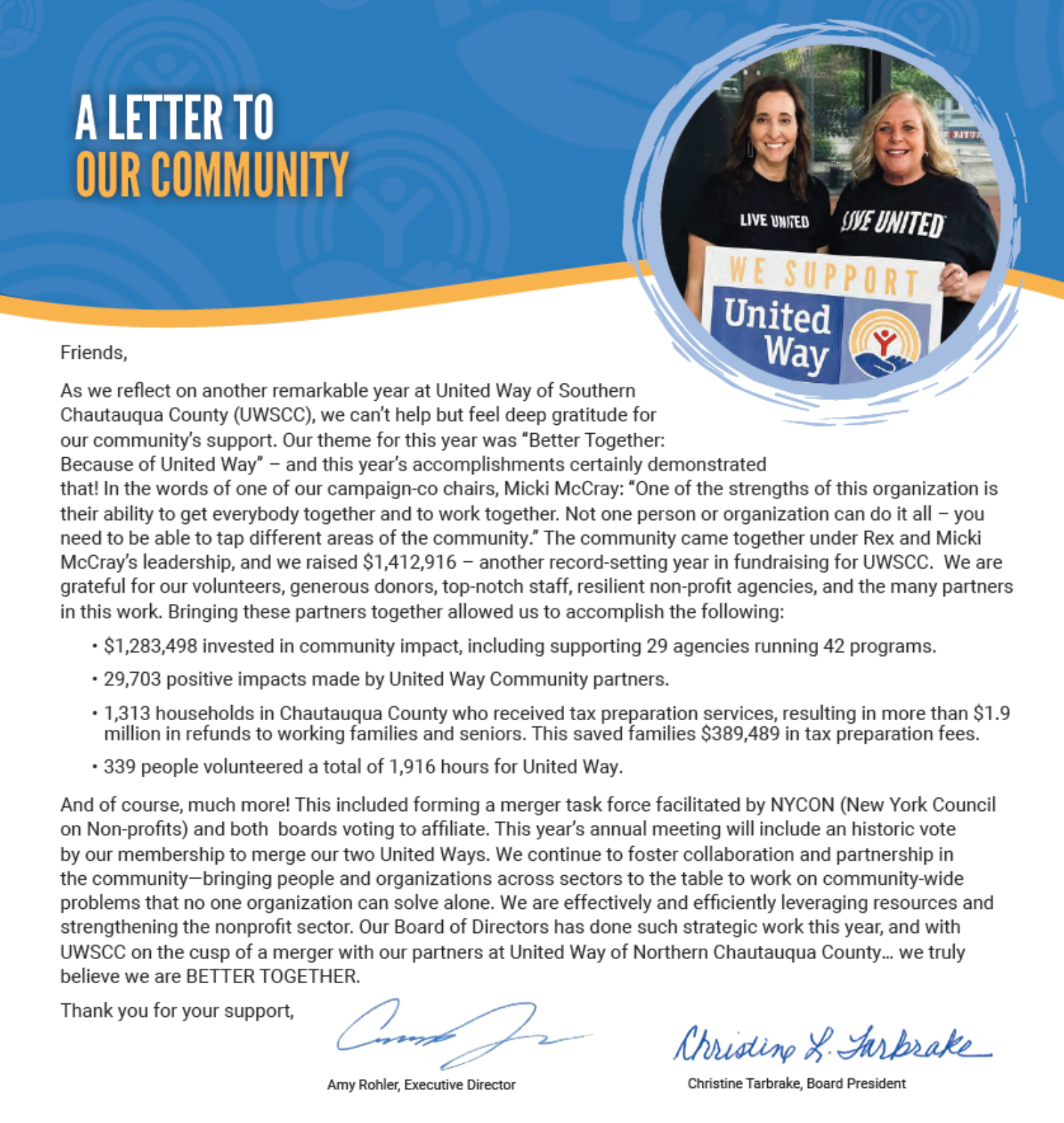 A letter from Amy Rohler and Chris Tarbrake 2023-2024 Annual Report